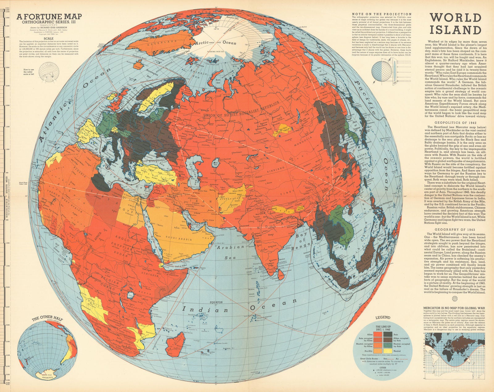 World Island. Persuasive World War Two map. Richard Edes Harrison. Fortune 1943